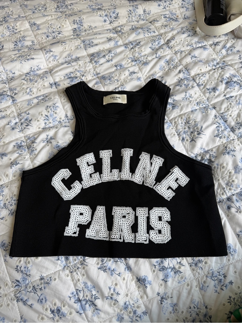 Black Cropped Tank with White sequins embroidery